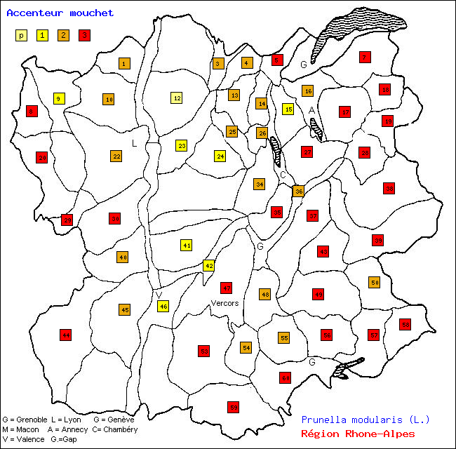 Carte des districts de Rhne-Alpes et rpartition d'une espce d'oiseau: Accenteur mouchet (Prunella modularis (L.))