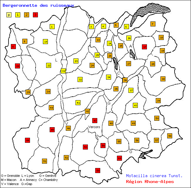 Carte des districts de Rhne-Alpes et rpartition d'une espce d'oiseau: Bergeronnette des ruisseaux (Motacilla cinerea Tunst.)