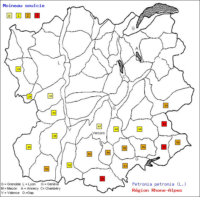 Carte des districts de Rhne-Alpes et rpartition d'une espce d'oiseau: Moineau soulcie (Petronia petronia (L.))