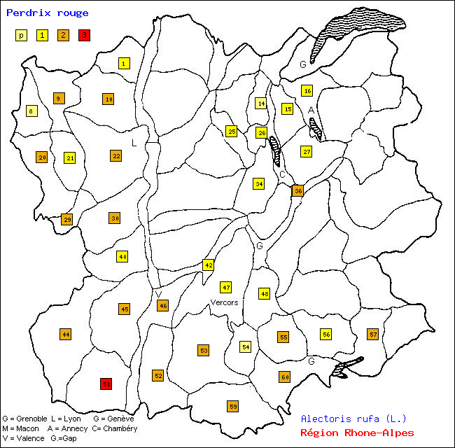 Carte des districts de Rhne-Alpes et rpartition d'une espce d'oiseau: Perdrix rouge (Alectoris rufa (L.))