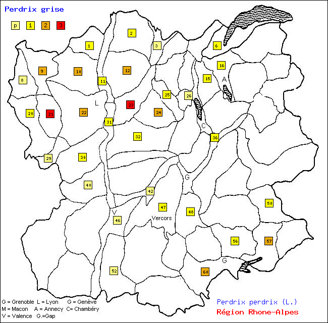 Perdrix grise - Perdrix perdrix (L.). Carte de rpartition des oiseaux en rgion Rhne-Alpes