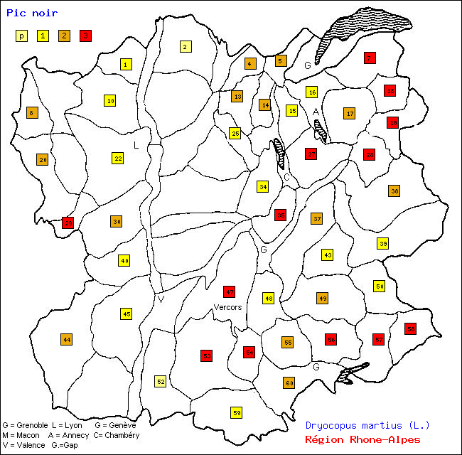 Pic noir - Dryocopus martius (L.). Carte de rpartition des oiseaux en rgion Rhne-Alpes