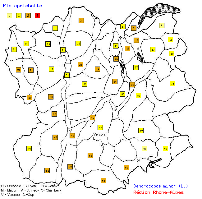 Pic peichette - Dendrocopos minor (L.). Carte de rpartition des oiseaux en rgion Rhne-Alpes