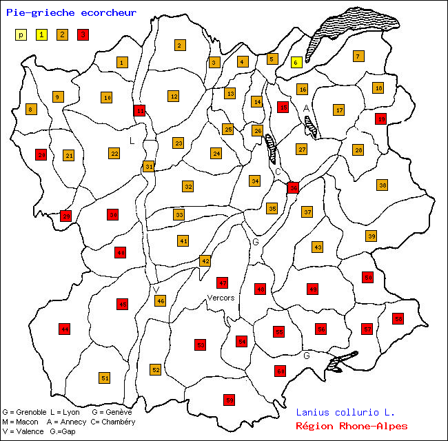 Pie-griche corcheur - Lanius collurio L.. Carte de rpartition des oiseaux en rgion Rhne-Alpes