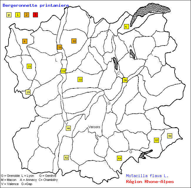 Carte des districts de Rhne-Alpes et rpartition d'une espce d'oiseau: Bergeronnette printanire (Motacilla flava L.)