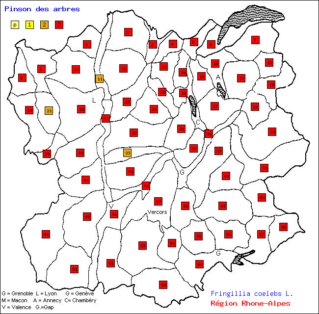 Pinson des arbres - Fringillia coelebs L.. Carte de rpartition des oiseaux en rgion Rhne-Alpes