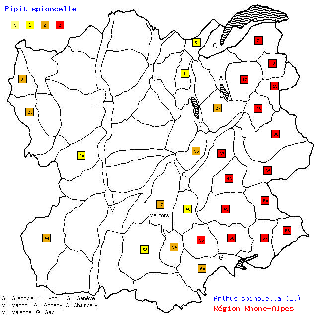 Carte des districts de Rhne-Alpes et rpartition d'une espce d'oiseau: Pipit spioncelle (Anthus spinoletta (L.))