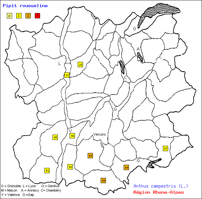 Pipit rousseline - Anthus campestris (L.). Carte de rpartition des oiseaux en rgion Rhne-Alpes