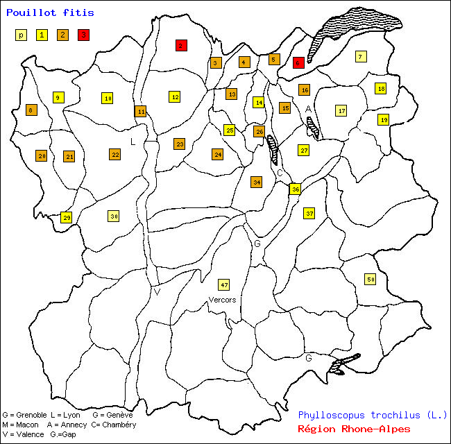 Carte des districts de Rhne-Alpes et rpartition d'une espce d'oiseau: Pouillot fitis (Phylloscopus trochilus (L.))