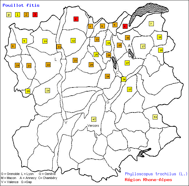 Pouillot fitis - Phylloscopus trochilus (L.). Carte de rpartition des oiseaux en rgion Rhne-Alpes