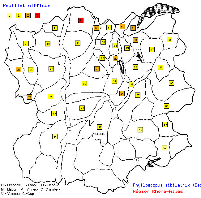 Pouillot siffleur - Phylloscopus sibilatrix (Bechst.). Carte de rpartition des oiseaux en rgion Rhne-Alpes