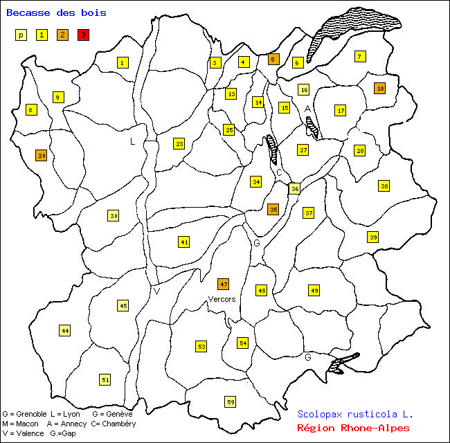 Carte des districts de Rhne-Alpes et rpartition d'une espce d'oiseau: Bcasse des bois (Scolopax rusticola L.)