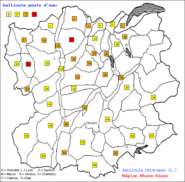 Carte des districts de Rhne-Alpes et rpartition d'une espce d'oiseau: Gallinule poule d