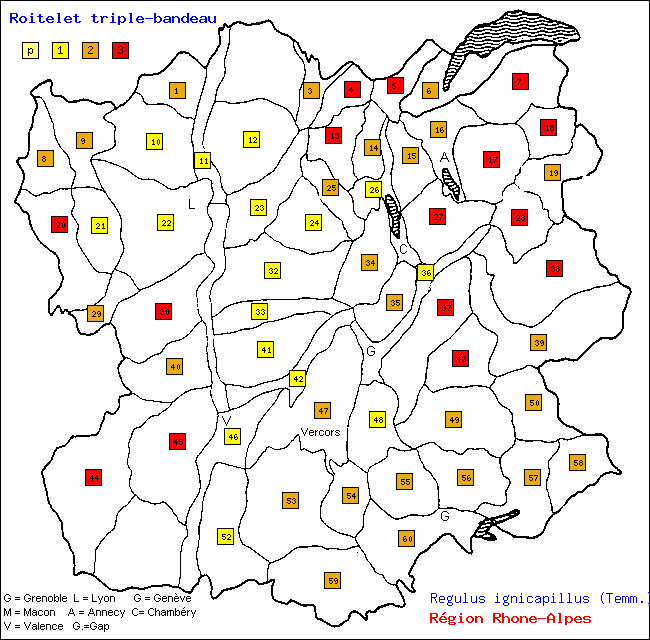 Roitelet triple-bandeau - Regulus ignicapillus (Temm.). Carte de rpartition des oiseaux en rgion Rhne-Alpes