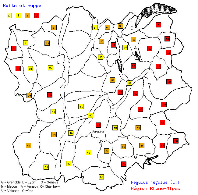 Roitelet hupp - Regulus regulus (L.). Carte de rpartition des oiseaux en rgion Rhne-Alpes