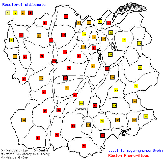 Rossignol philomle - Luscinia megarhynchos Brehm. Carte de rpartition des oiseaux en rgion Rhne-Alpes