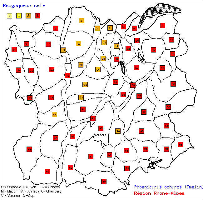 Rougequeue noir - Phoenicurus ochuros (Gmelin). Carte de rpartition des oiseaux en rgion Rhne-Alpes