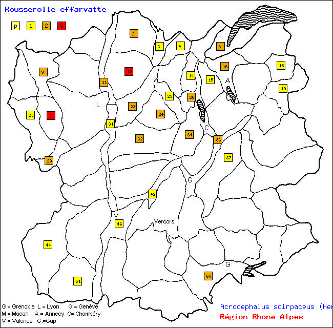 Carte des districts de Rhne-Alpes et rpartition d'une espce d'oiseau: Rousserolle effarvatte (Acrocephalus scirpaceus (Hermann))