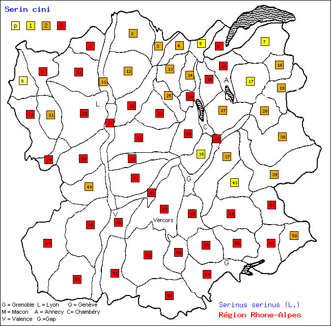 Serin cini - Serinus serinus (L.). Carte de rpartition des oiseaux en rgion Rhne-Alpes