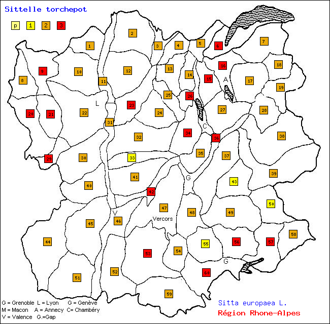 Carte des districts de Rhne-Alpes et rpartition d'une espce d'oiseau: Sittelle torchepot (Sitta europaea L.)