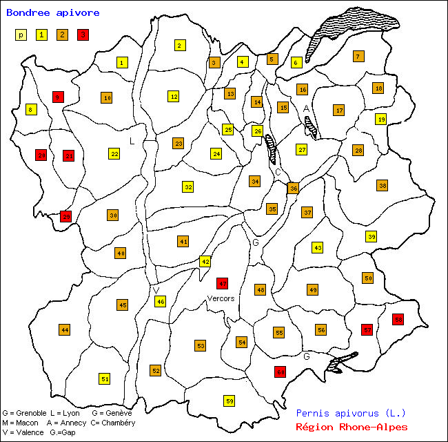 Carte des districts de Rhne-Alpes et rpartition d'une espce d'oiseau: Bondre apivore (Pernis apivorus (L.))