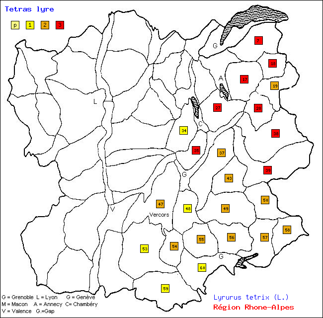 Carte des districts de Rhne-Alpes et rpartition d'une espce d'oiseau: Ttras lyre (Lyrurus tetrix (L.))