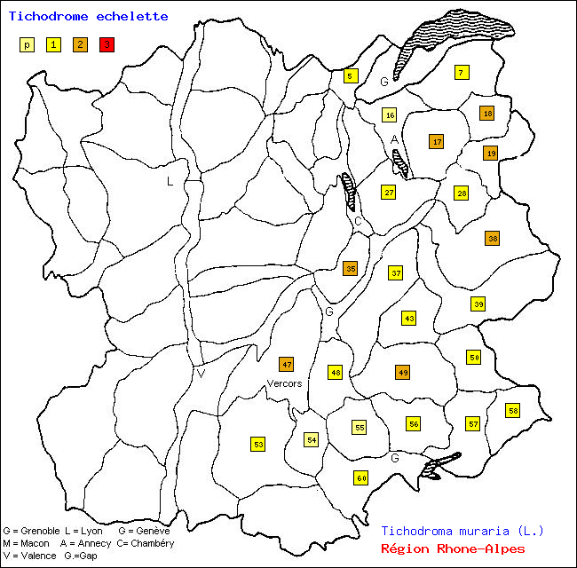 Carte des districts de Rhne-Alpes et rpartition d'une espce d'oiseau: Tichodrome chelette (Tichodroma muraria (L.))