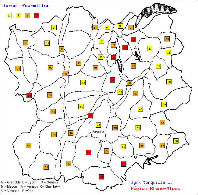 Torcol fourmilier - Jynx torquilla L.. Carte de rpartition des oiseaux en rgion Rhne-Alpes