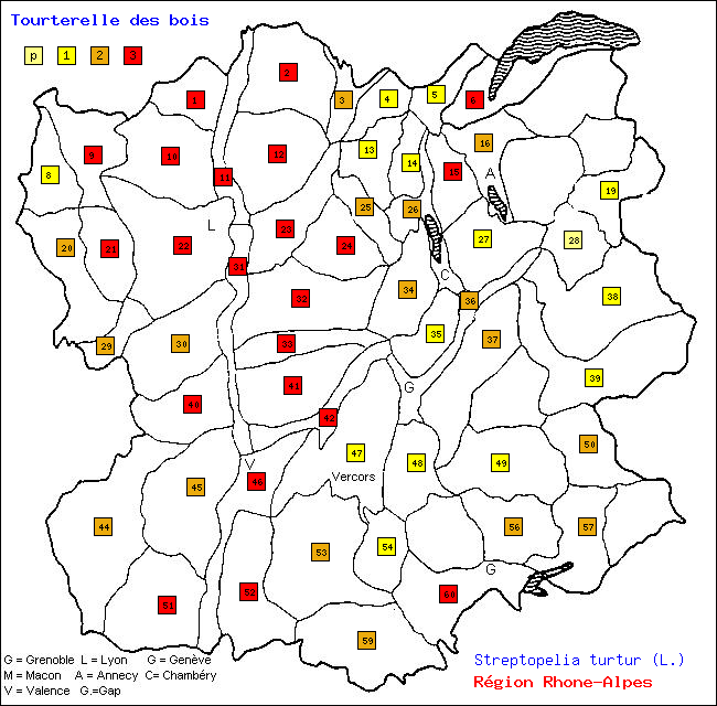 Tourterelle des bois - Streptopelia turtur (L.). Carte de rpartition des oiseaux en rgion Rhne-Alpes