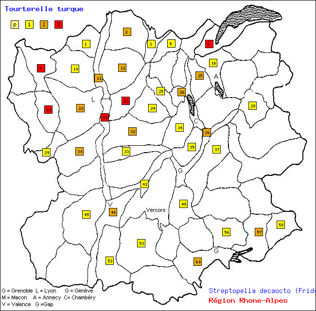 Carte des districts de Rhne-Alpes et rpartition d'une espce d'oiseau: Tourterelle turque (Streptopelia decaocto (Fridvalsky))