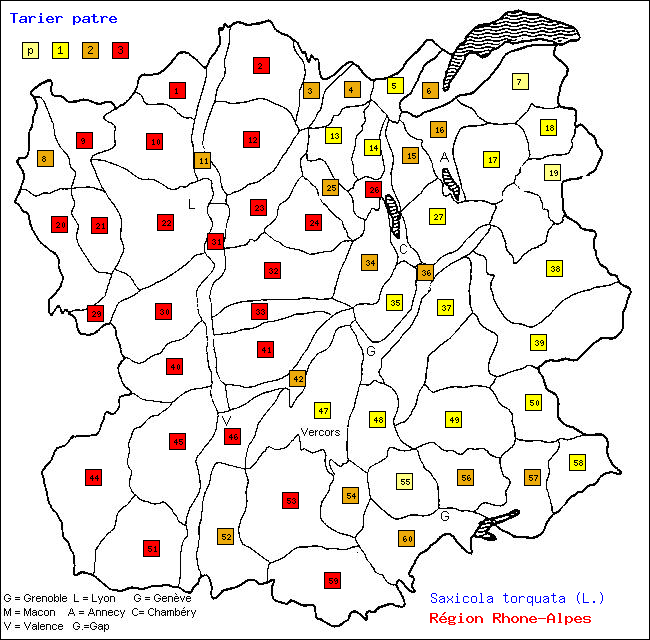 Tarier ptre - Saxicola torquata (L.). Carte de rpartition des oiseaux en rgion Rhne-Alpes