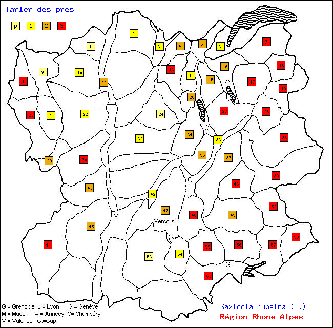 Tarier des prs - Saxicola rubetra (L.). Carte de rpartition des oiseaux en rgion Rhne-Alpes