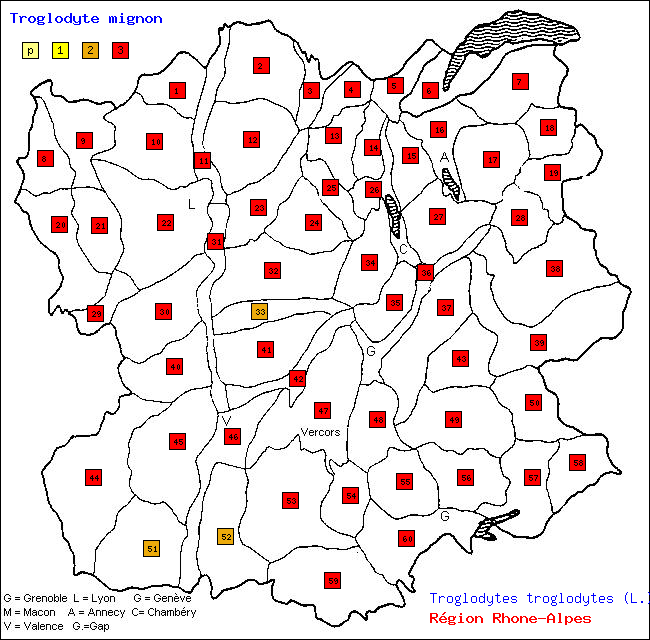 Carte des districts de Rhne-Alpes et rpartition d'une espce d'oiseau: Troglodyte mignon (Troglodytes troglodytes (L.))