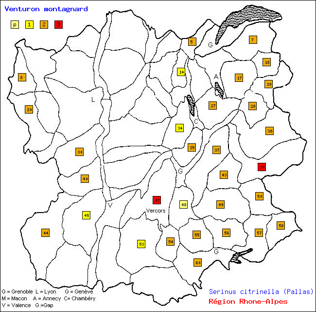 Carte des districts de Rhne-Alpes et rpartition d'une espce d'oiseau: Venturon montagnard (Serinus citrinella (Pallas))