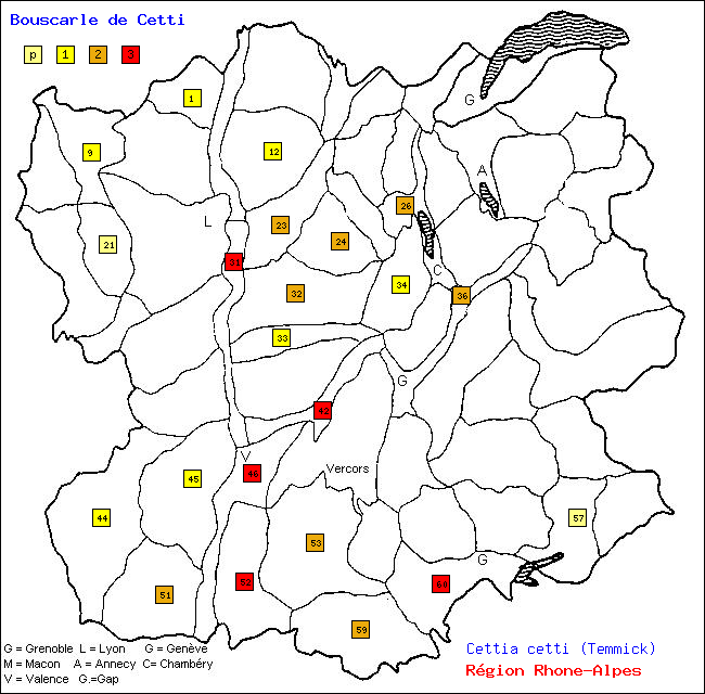 Bouscarle de Cetti - Cettia cetti (Temmick). Carte de rpartition des oiseaux en rgion Rhne-Alpes