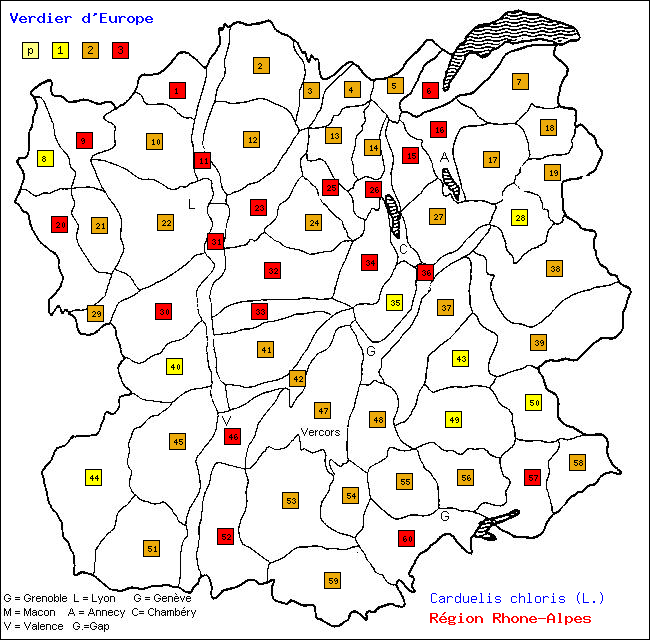 Carte des districts de Rhne-Alpes et rpartition d'une espce d'oiseau: Verdier d