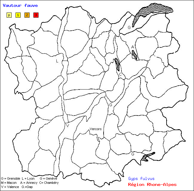 Carte des districts de Rhne-Alpes et rpartition d'une espce d'oiseau: Vautour fauve (Gyps fulvus)