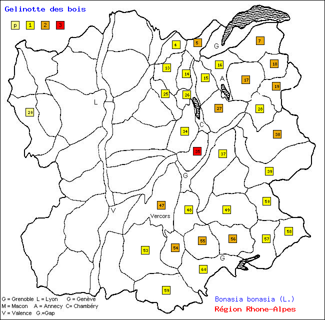 Carte des districts de Rhne-Alpes et rpartition d'une espce d'oiseau: Glinotte des bois (Bonasia bonasia (L.))