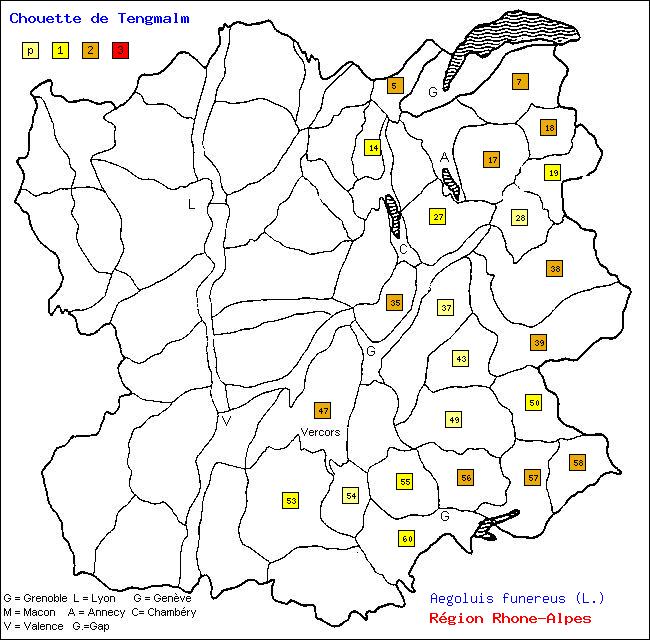 Carte des districts de Rhne-Alpes et rpartition d'une espce d'oiseau: Chouette de Tengmalm (Aegoluis funereus (L.))