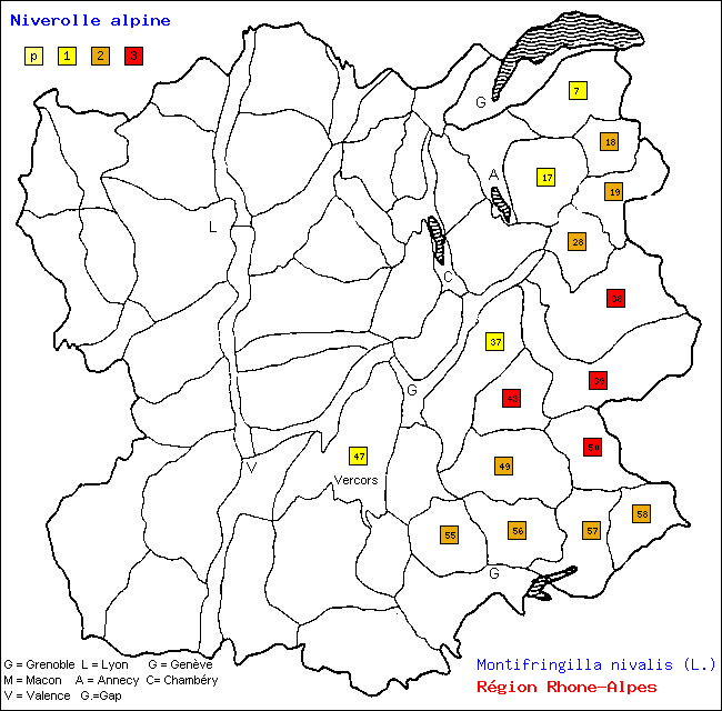 Carte des districts de Rhne-Alpes et rpartition d'une espce d'oiseau: Niverolle alpine (Montifringilla nivalis (L.))