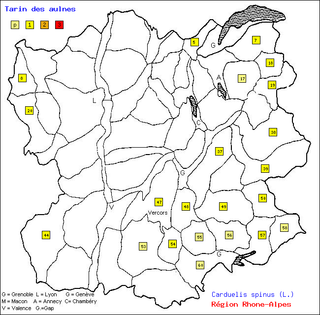 Carte des districts de Rhne-Alpes et rpartition d'une espce d'oiseau: Tarin des aulnes (Carduelis spinus (L.))