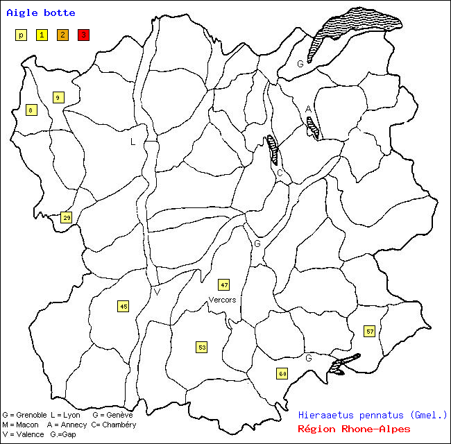 Carte des districts de Rhne-Alpes et rpartition d'une espce d'oiseau: Aigle bott (Hieraaetus pennatus (Gmel.))