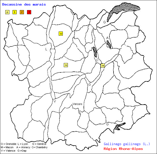 Carte des districts de Rhne-Alpes et rpartition d'une espce d'oiseau: Bcassine des marais (Gallinago gallinago (L.))