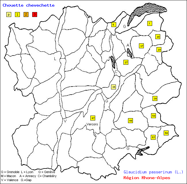 Carte des districts de Rhne-Alpes et rpartition d'une espce d'oiseau: Chouette chevchette (Glaucidium passerinum (L.))