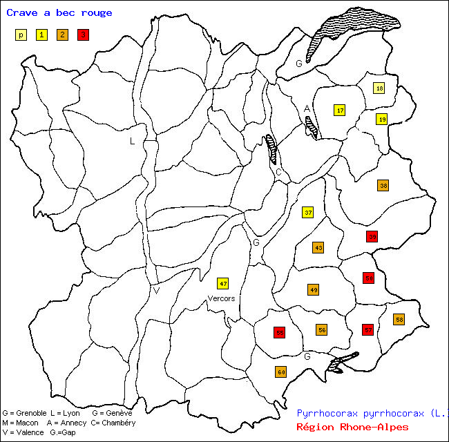 Carte des districts de Rhne-Alpes et rpartition d'une espce d'oiseau: Crave  bec rouge (Pyrrhocorax pyrrhocorax (L.))