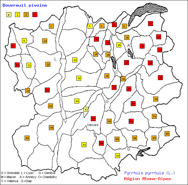 Bouvreuil pivoine - Pyrrhula pyrrhula (L.). Carte de rpartition des oiseaux en rgion Rhne-Alpes