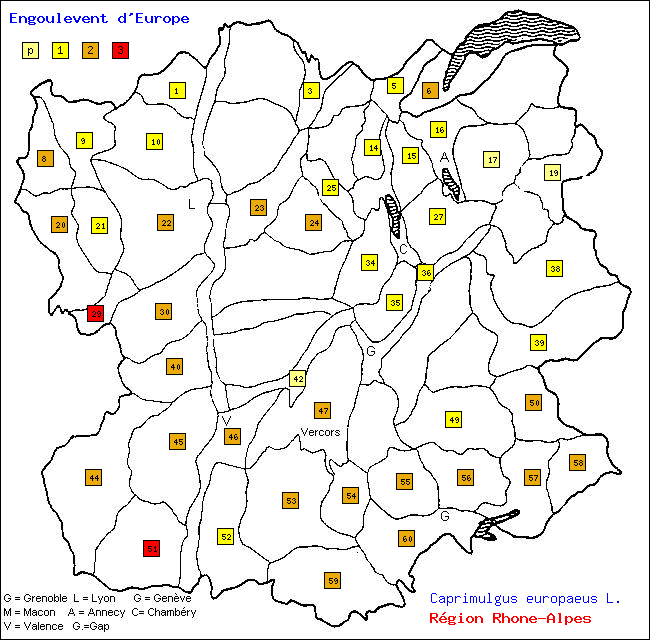 Carte des districts de Rhne-Alpes et rpartition d'une espce d'oiseau: Engoulevent d