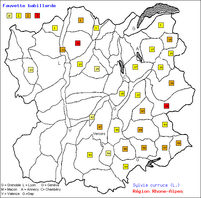 Carte des districts de Rhne-Alpes et rpartition d'une espce d'oiseau: Fauvette babillarde (Sylvia curruca (L.))