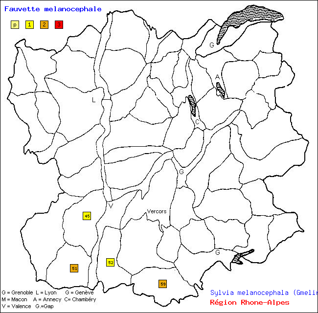 Carte des districts de Rhne-Alpes et rpartition d'une espce d'oiseau: Fauvette mlanocphale (Sylvia melanocephala (Gmelin))