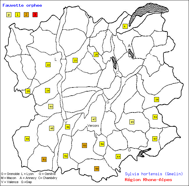 Carte des districts de Rhne-Alpes et rpartition d'une espce d'oiseau: Fauvette orphe (Sylvia hortensis (Gmelin))